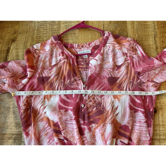 Kim Rogers Women's Pink Hawaiian Banana Leaf Henley Blouse Roll Tab Large - Picture 7 of 9